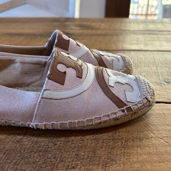 Tory Burch Poppy Espadrille Canvas Leather Tan Logo Womens Flat Shoes Size 8 - Picture 3 of 11